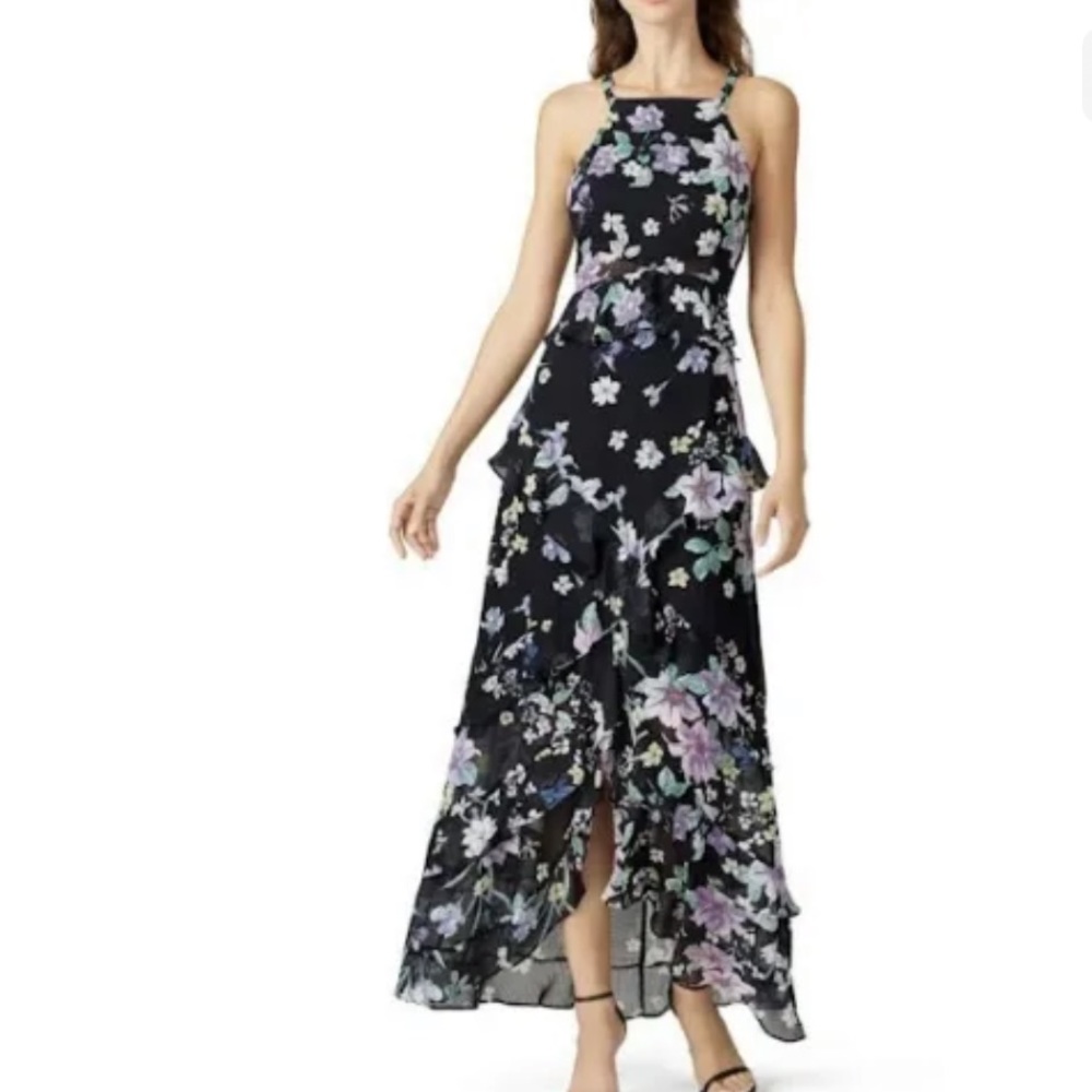 Great Jones Size 4 Halter Maxi Dress Navy Blue Floral Ruffle Hem Sleeve